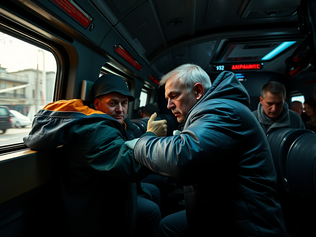 Два мужчины общаются в общественном транспорте. Видно, что один из них делает жест с большим пальцем.