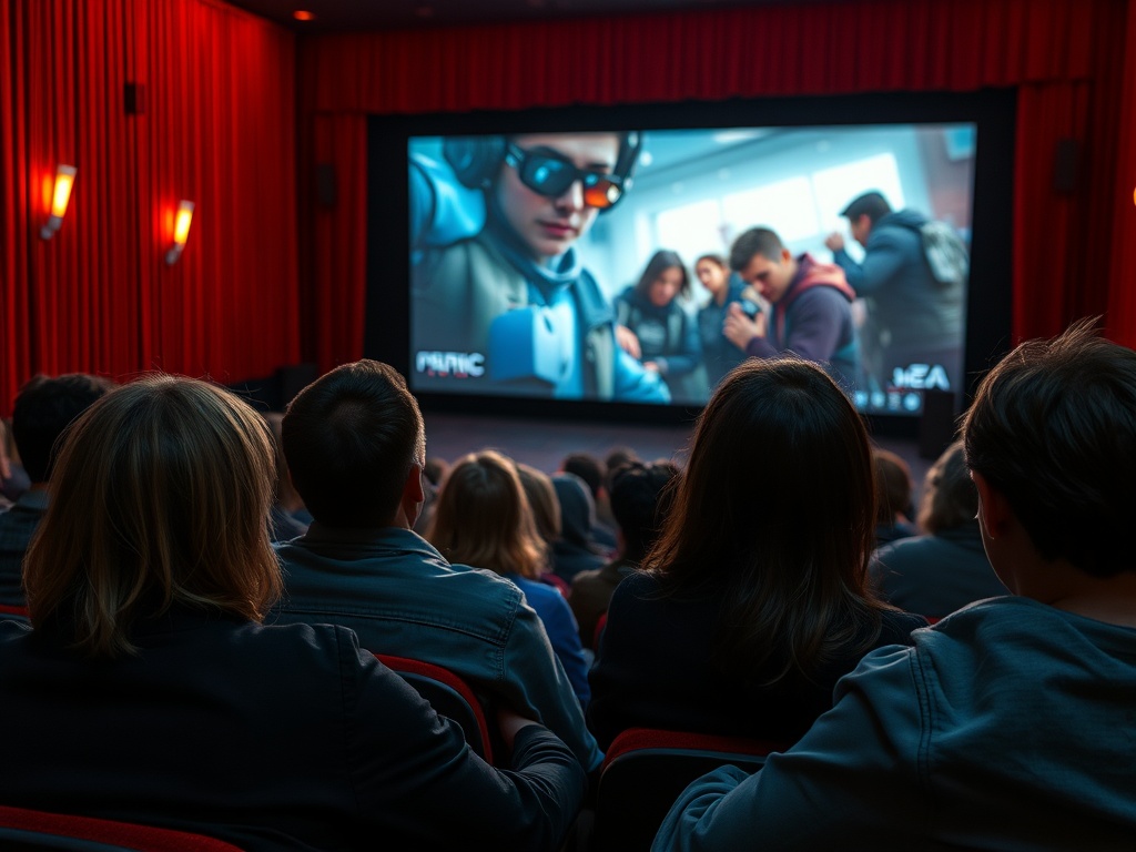 Зрители смотрят фильм в кинотеатре, экран с сценой из молодежного кино, красные шторы позади.