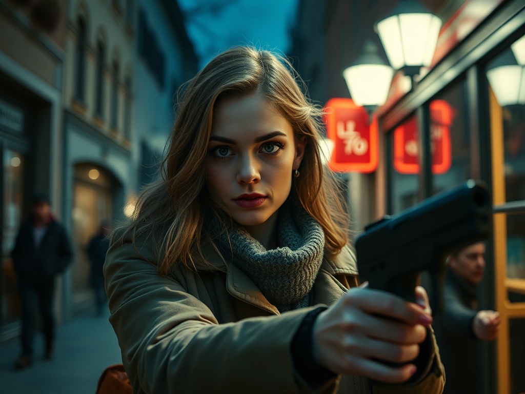 Девушка с пистолетом в руке стоит на городской улице, в фоне вечерние огни и прохожие.