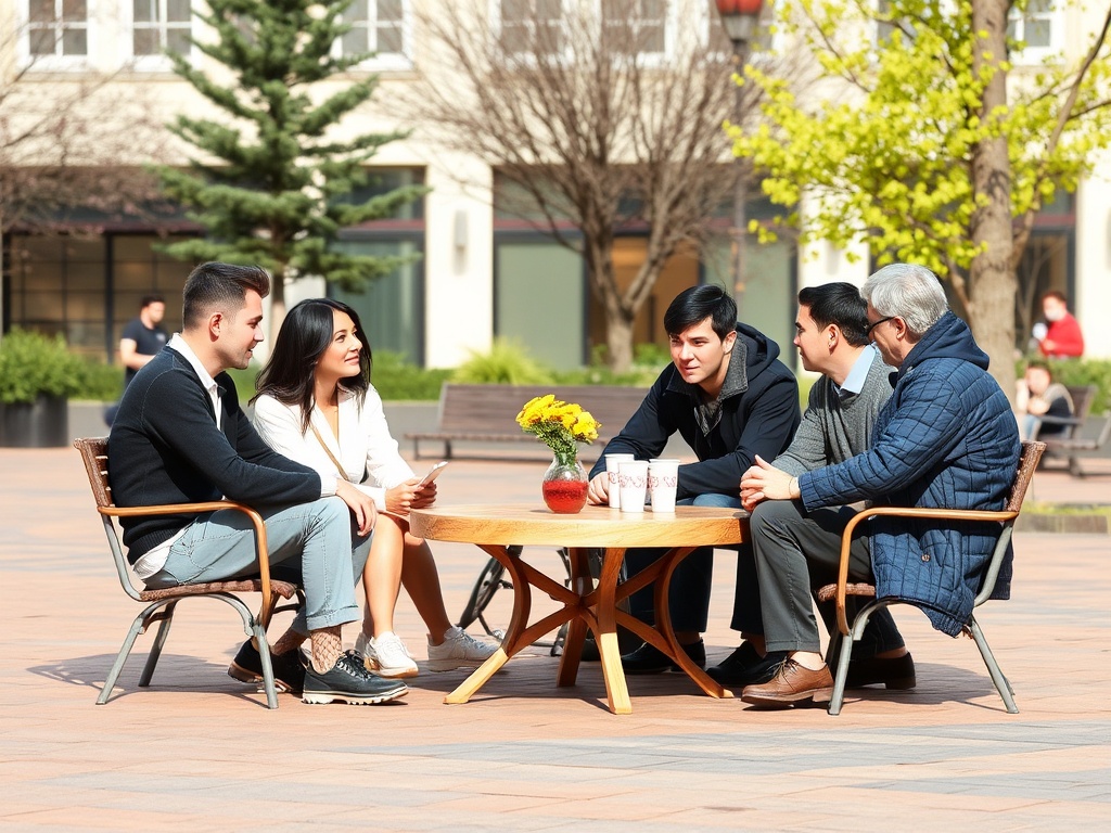 Группа людей сидит за столом на улице, общаясь и наслаждаясь солнечным днём.