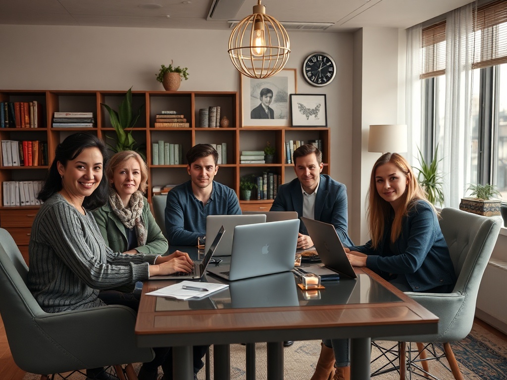 На изображении пять человек сидят за столом в офисе и улыбаются, вокруг книги и растения.