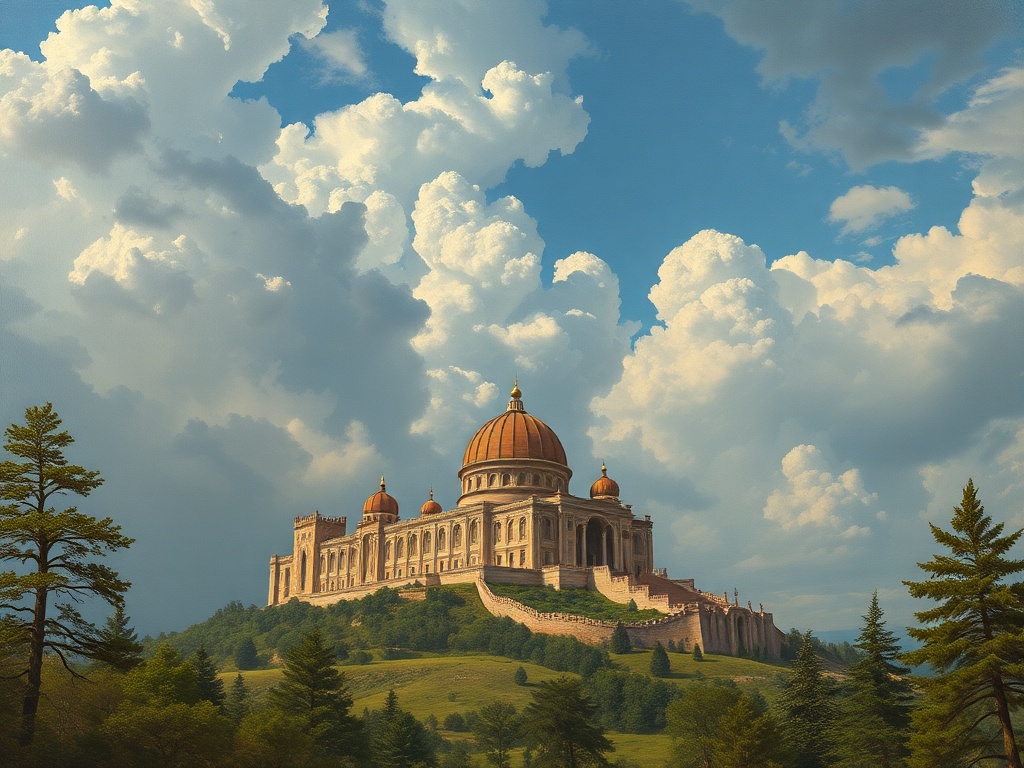 Величественное здание с куполом на холме, окруженное зелеными деревьями и облачным небом.