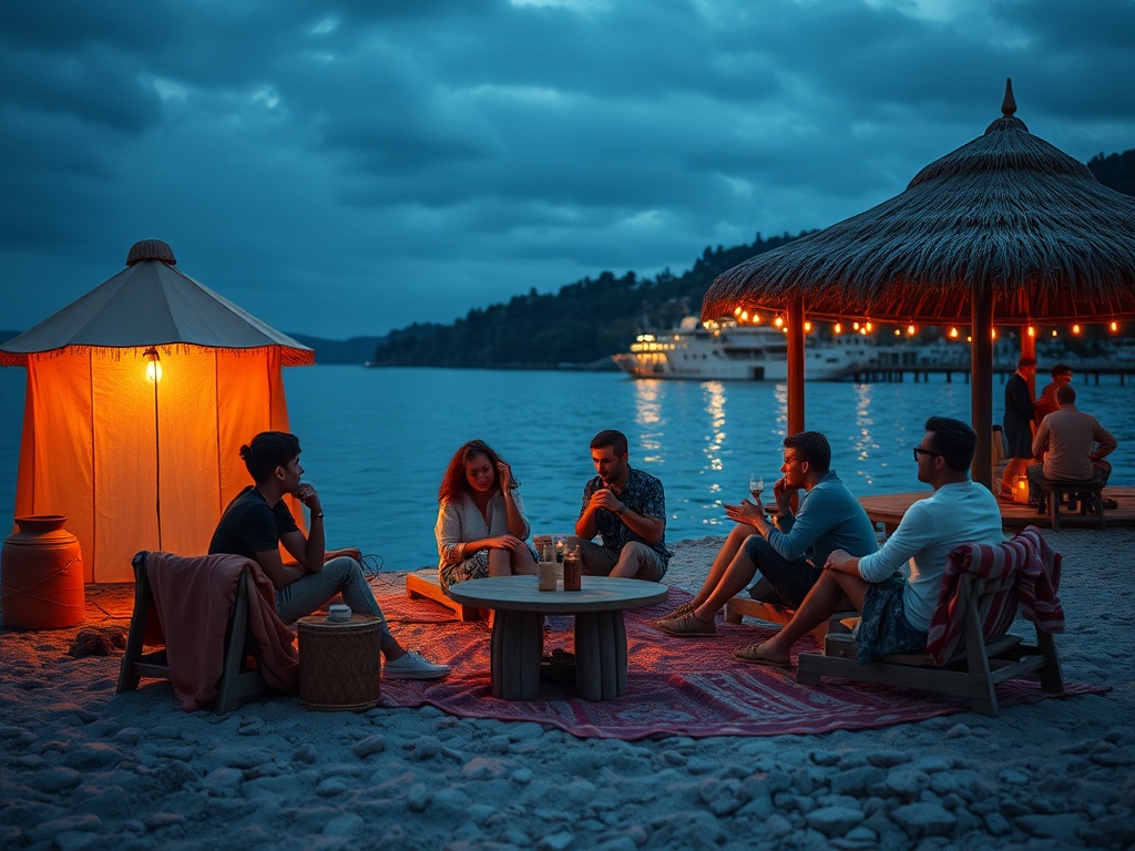 Компания друзей отдыхает на берегу моря, общаясь у светящегося шатра. Вечерняя атмосфера спокойствия.