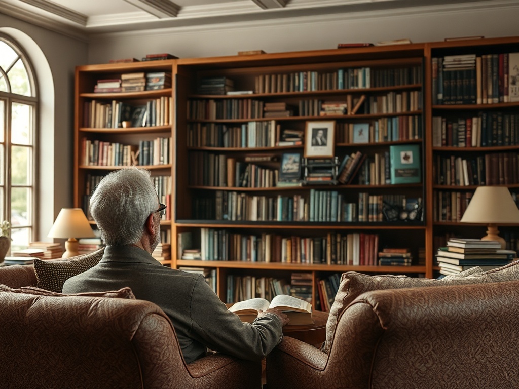 Пожилой человек, сидящий на диване с книгой, смотрит на полки с книгами в уютной библиотеке.