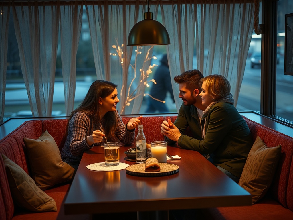 Трое друзей беседуют за столиком в кафе, наслаждаясь напитками и уютной атмосферой вечера.