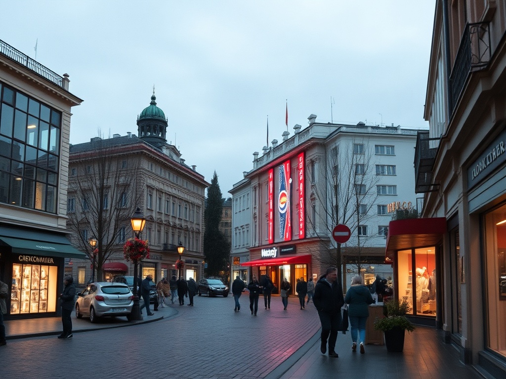 Улица с людьми в вечернее время, здания с магазинами и освещенные фонари. Холодная погода, облачно.