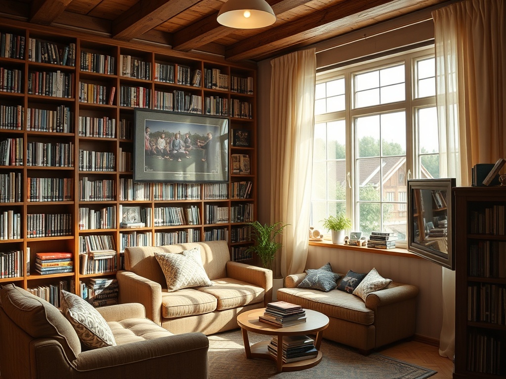 Уютная комната с книжными полками, диванами и большим окном, освещаемым солнечным светом.
