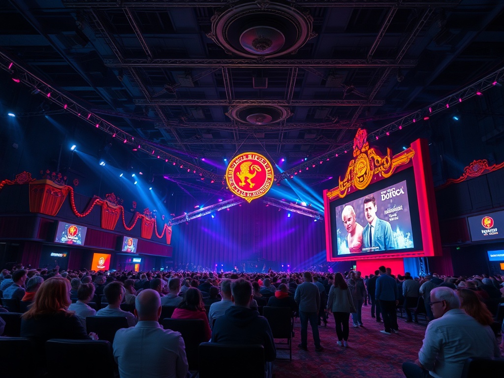 Сцена мероприятия с большим экраном и множеством зрителей в зале, освещенном цветными огнями.