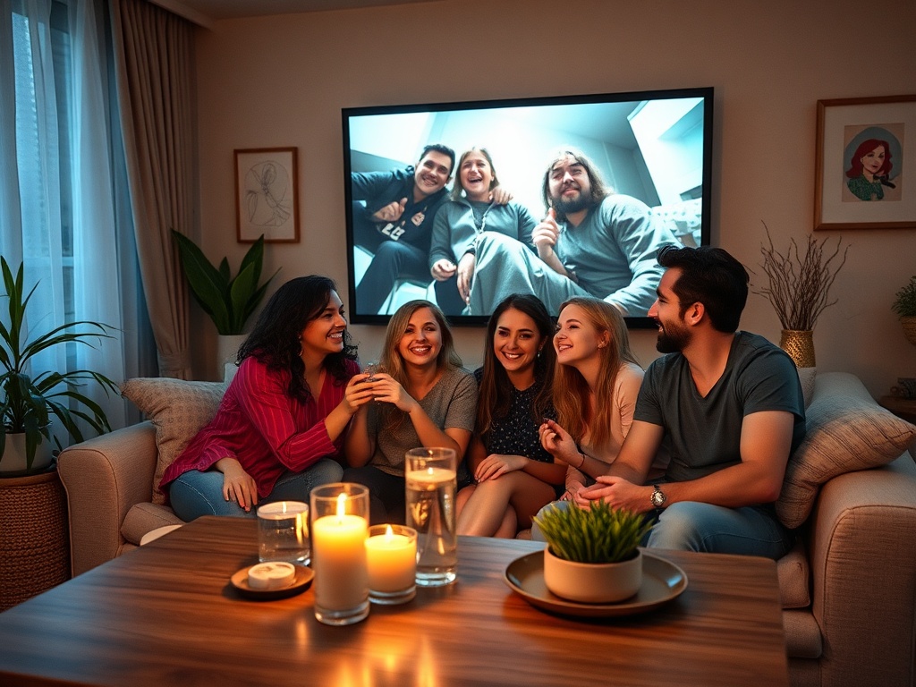 Шестеро друзей наслаждаются вечером в уютной квартире, смотрят на экран и смеются. Атмосфера тепла и радости.