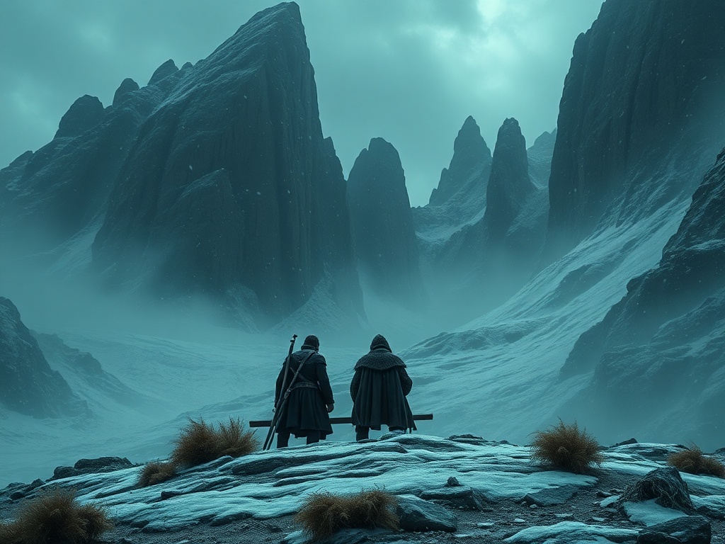 Два человека в темных плащах стоят на фоне высоких гор в снежной пустыне, окруженные туманом.