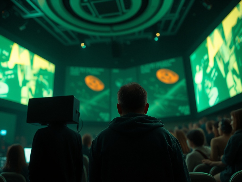 Зрители сидят в зале с интерактивными экранами, погружённые в атмосферу шоу и технологий.