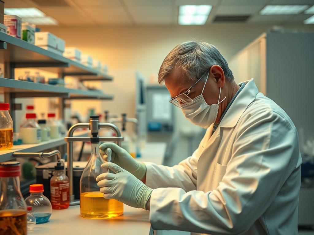 Учёный в лаборатории, работающий с химическими реактивами и пробиркой. Научные исследования в процессе.