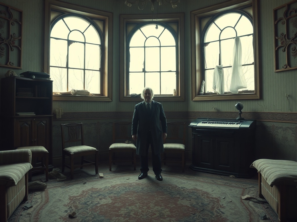 В пустой комнате стоит человек в костюме, окна застланные шторами, старинные предметы мебели.