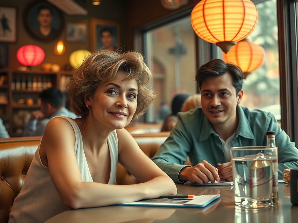 Два человека беседуют в уютном кафе, на столе вода и документы, сверху светятся бумажные фонарики.