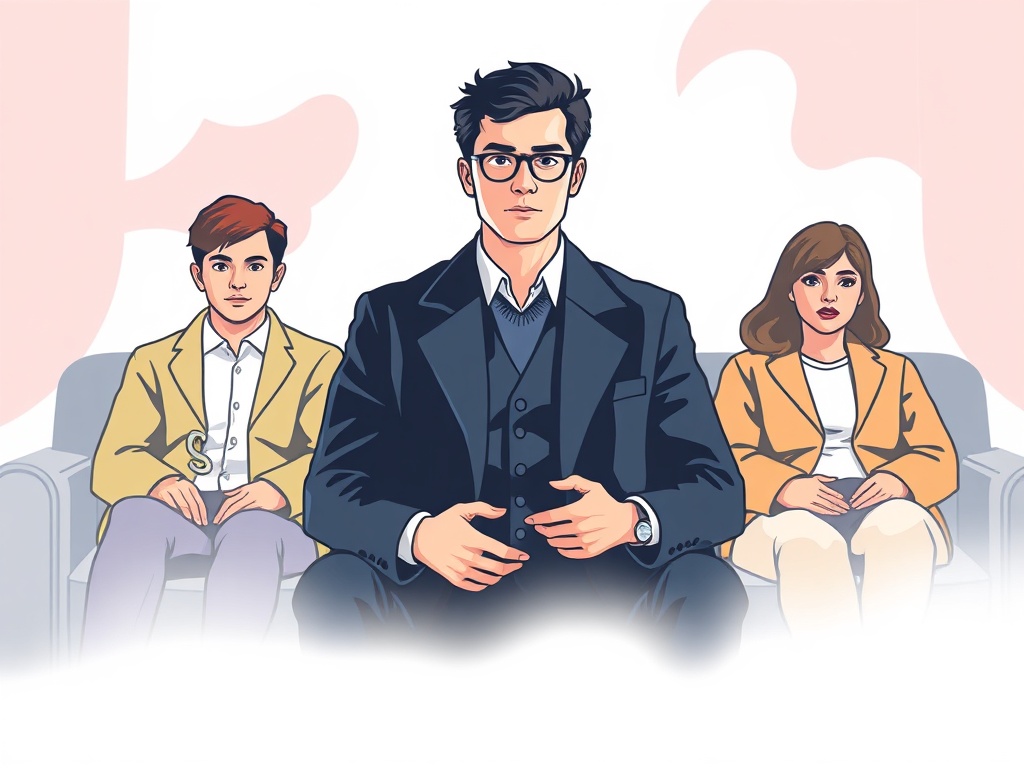 Трое людей сидят на диване, смотря вперед. Один в черном костюме, два других в светлой одежде.