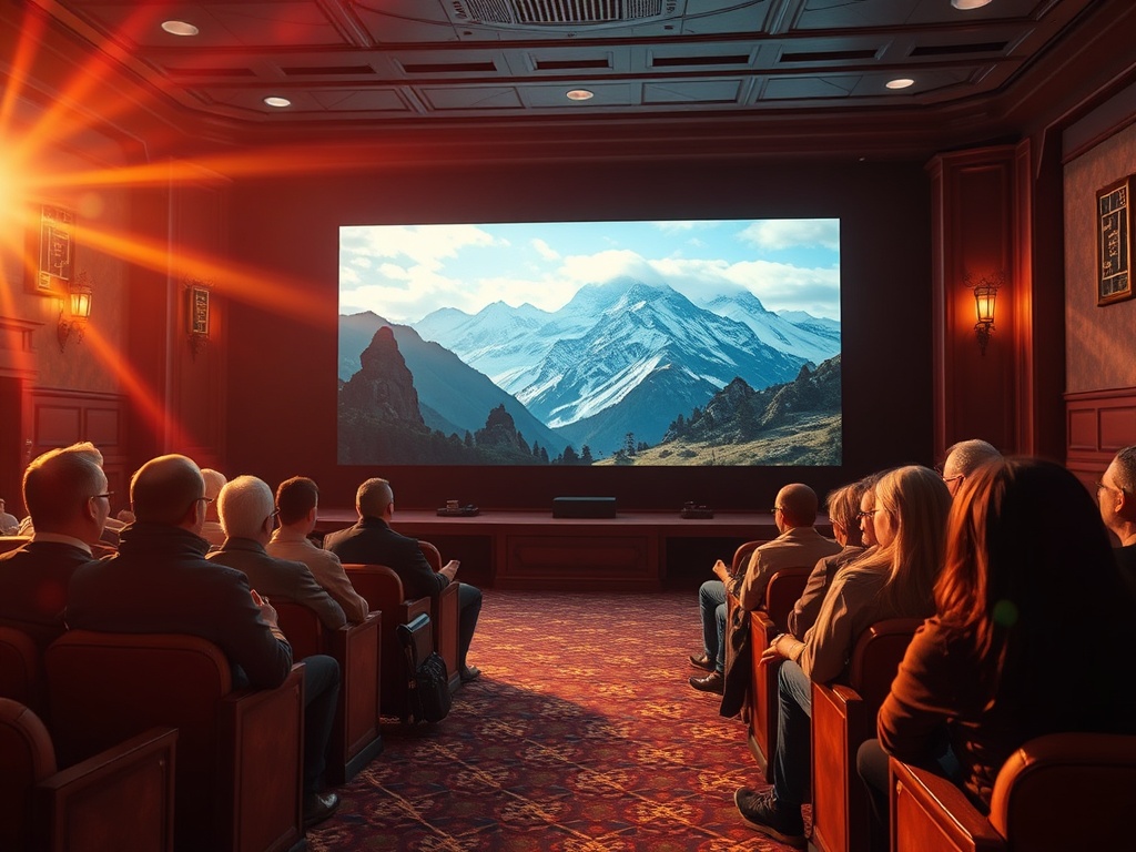 Посетители смотрят на панорамный экран с горным пейзажем в уютном кинотеатре.