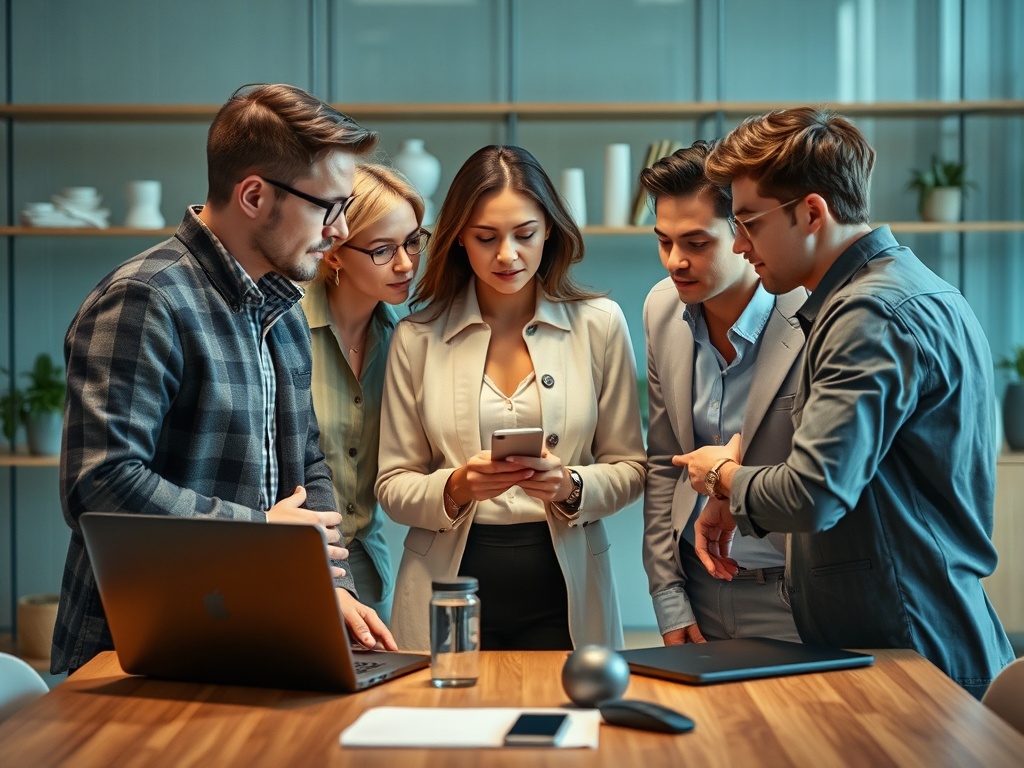 Группа людей в офисе обсуждает детали на смартфоне и ноутбуке. Атмосфера делового сотрудничества.