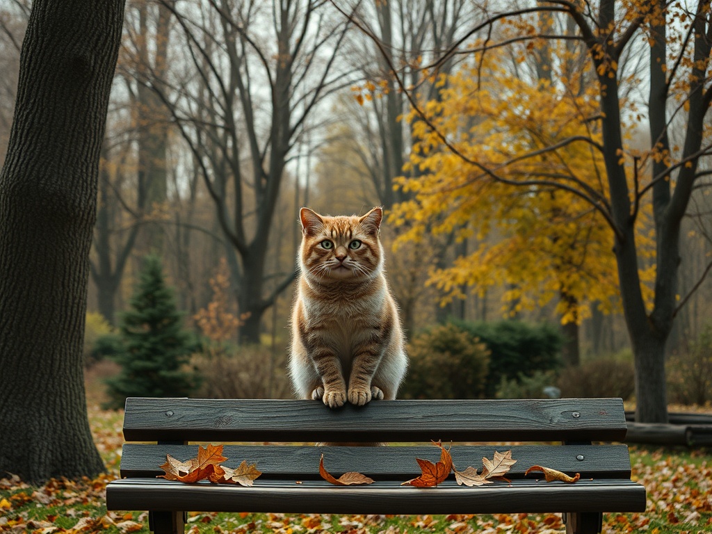 Кошка сидит на скамейке в парке, окруженном осенними листьями и деревьями. Осень в воздухе.