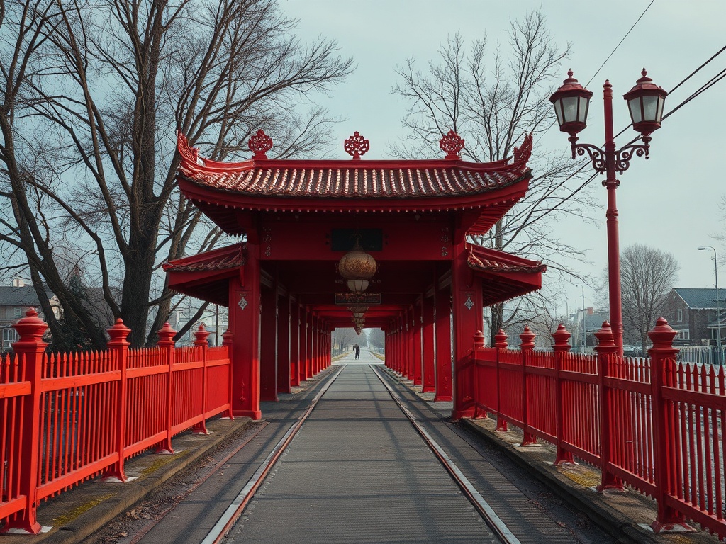 Красный мост с пагодой и фонарями на пути, окруженный деревьями, в ясный день.