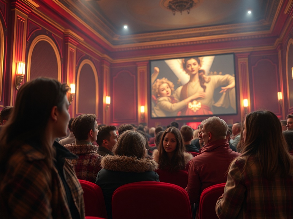 Зрители сидят в красном зале, смотря на экран с изображением ангела и женщины.