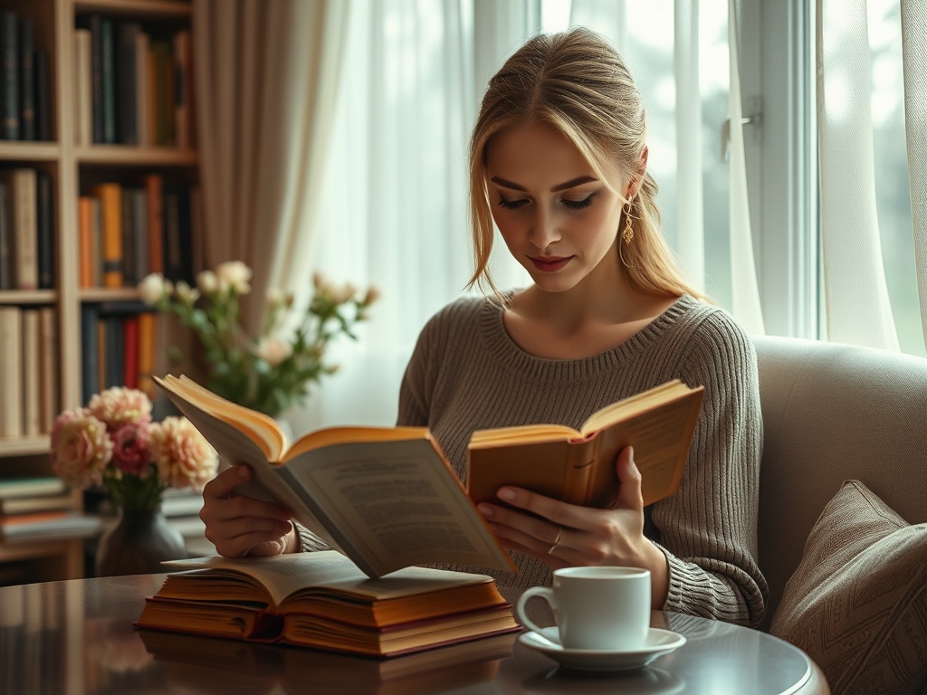 Молодая женщина читает книгу, сидя у окна с чашкой кофе и цветами на столе. Обстановка уютная и спокойная.