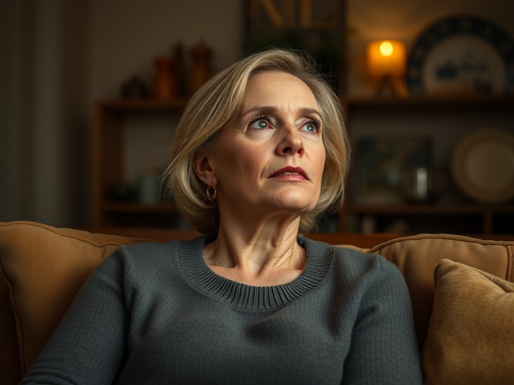 Женщина среднего возраста с короткими светлыми волосами, задумчиво смотрит вдаль на диване. Тёплая атмосфера.