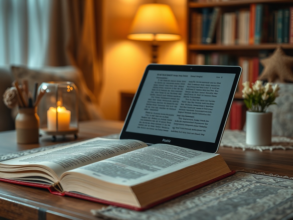 На столе лежит открытая книга и планшет с текстом, рядом свеча и цветы в вазе. Уютная обстановка.