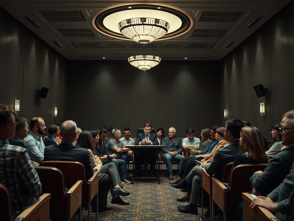 Группа людей собирается в комнате для обсуждения за круглым столом. Атмосфера деловая и сосредоточенная.