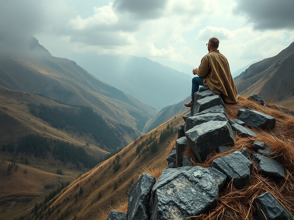 Человек сидит на камнях на вершине холма и смотрит на величественные горные пейзажи.