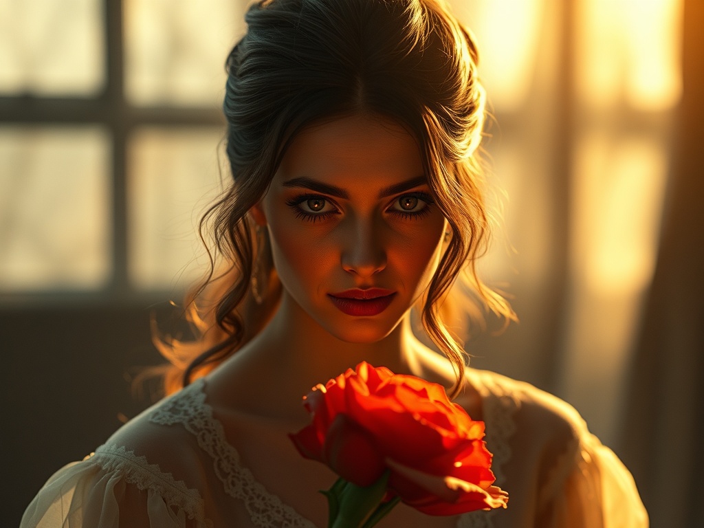 На фотографии девушка с розой на фоне мягкого света, её взгляд полон эмоций и загадки.