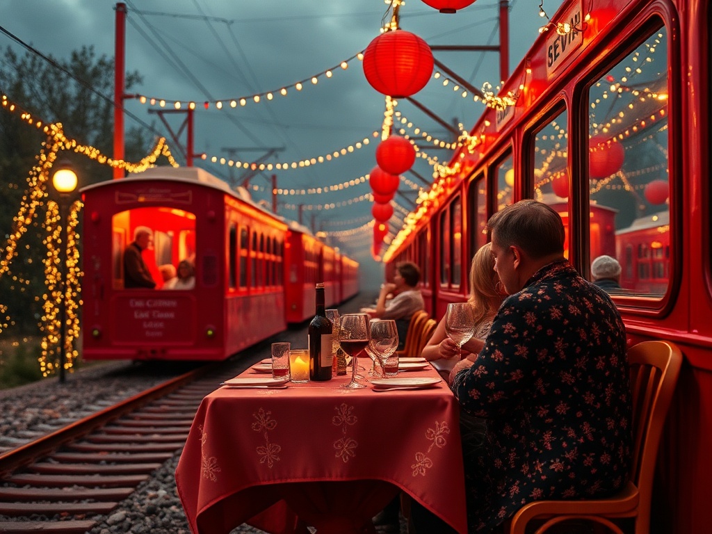 На столах стоят свечи, люди ужинают в стиле ретро, окруженные красными фонарями и огнями.