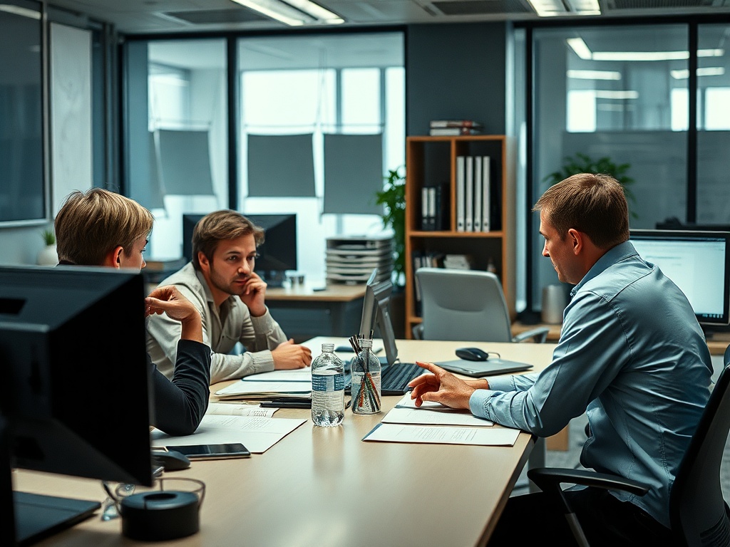 Трое человек на деловой встрече в офисе, обсуждают документы за столом. На столе вода и офисная техника.