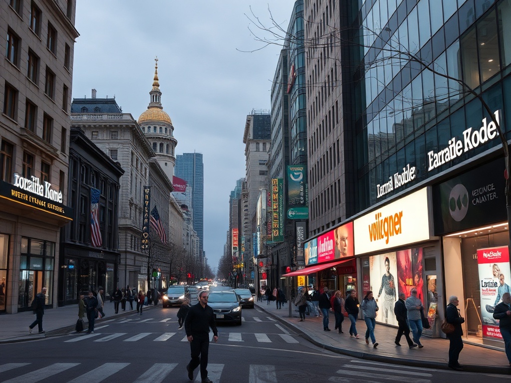 Улицы города, люди идут по тротуару, видны вывески магазинов и исторические здания на фоне вечернего неба.