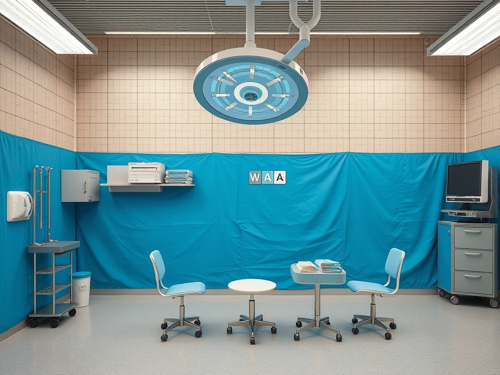 Операционная комната с голубыми стенами, медицинским оборудованием и современными креслами.