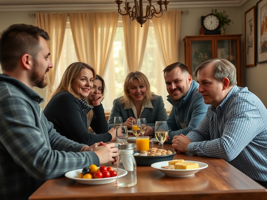 Шестеро людей сидят за столом, наслаждаясь едой и общением в уютной обстановке.
