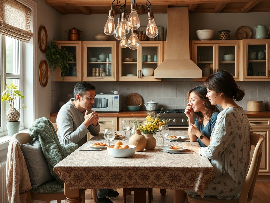 Трое людей ужинают за столом в уютной кухне, наслаждаясь беседой и вкусной едой.