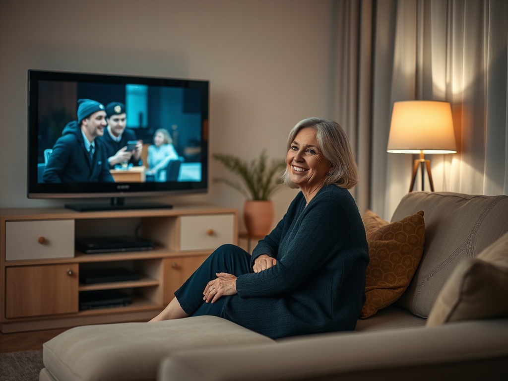 Пожилая женщина улыбается, сидя на диване, перед телевизором с ярким шоу. Теплое освещение создает уют.