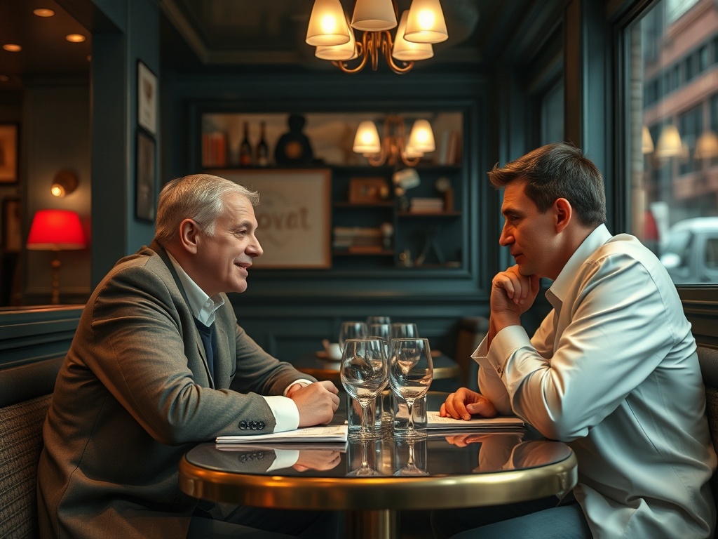 Два человека беседуют за столом в уютном кафе, окружающем их теплым светом и атмосферой.