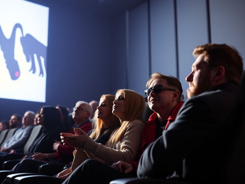 Зрители в темном зале кинотеатра, внимают показу на большом экране.