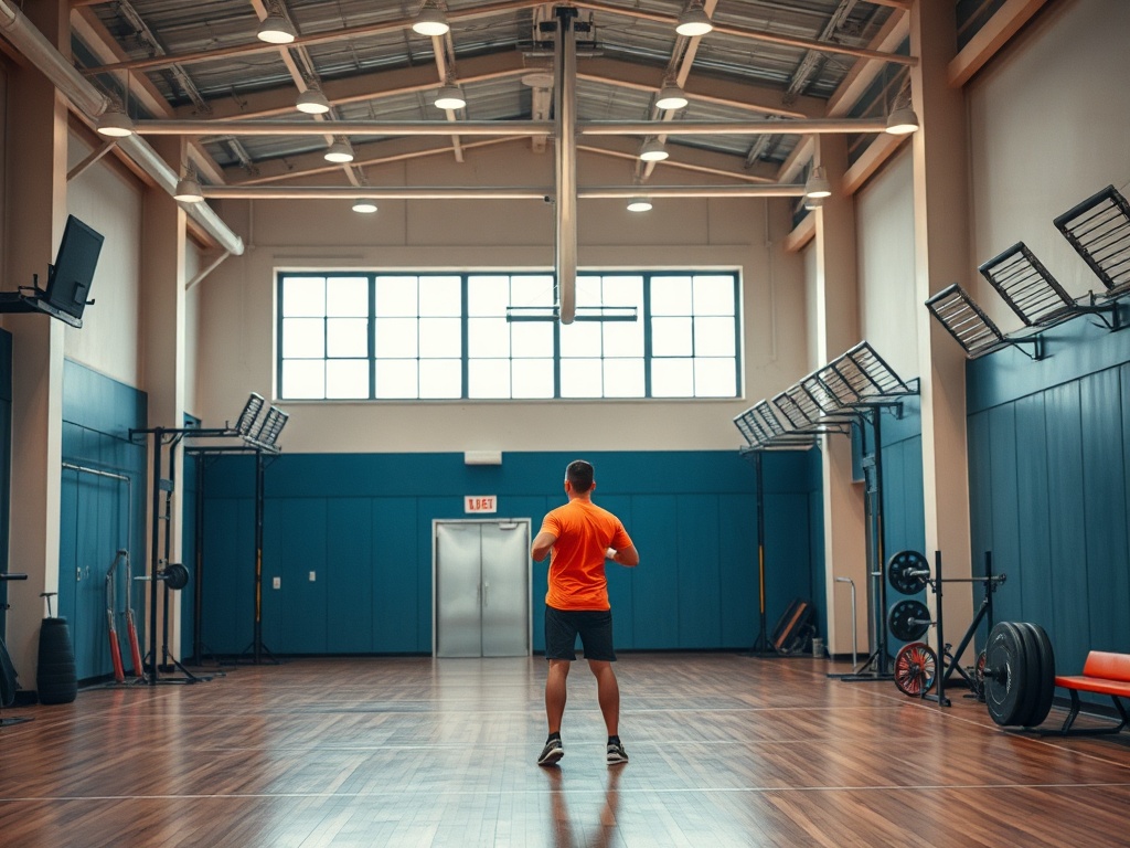 Мужчина в спортивной форме стоит в просторном тренажёрном зале, готовясь к тренировке.