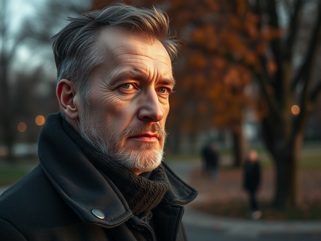 Портрет мужчины среднего возраста с седыми волосами на фоне осеннего парка. Взгляд серьезный и задумчивый.