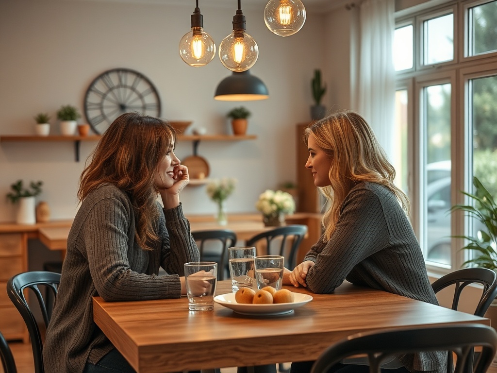 Две женщины общаются за столом в уютной кухне, на столе вода и тарелка с фруктами.