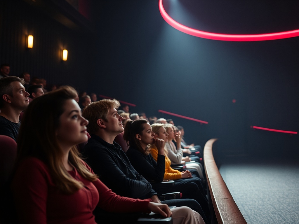 Зрители в кинотеатре внимательно смотрят на экран, погруженные в атмосферу фильма.