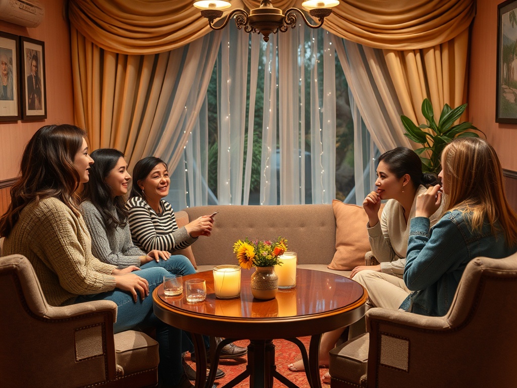 Четыре женщины сидят за круглым столом, обсуждая что-то в уютной комнате с мягким светом и растениями.