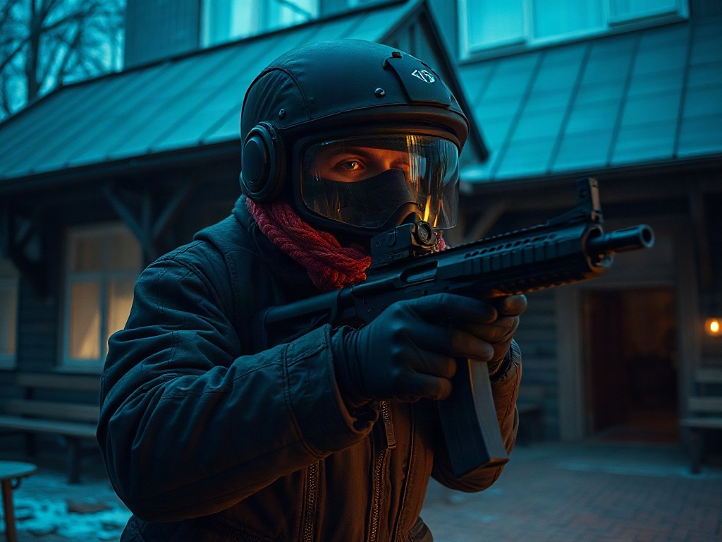 На изображении человек в брон helmet и маске, держащий оружие, на фоне деревянного дома.